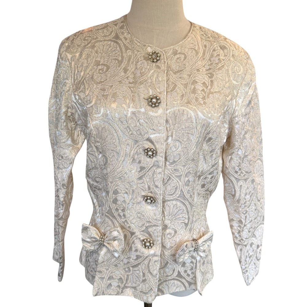 Patra Vintage Metallic Brocade Evening Jacket Pearl Button Bow Detail‎ Ivory 12